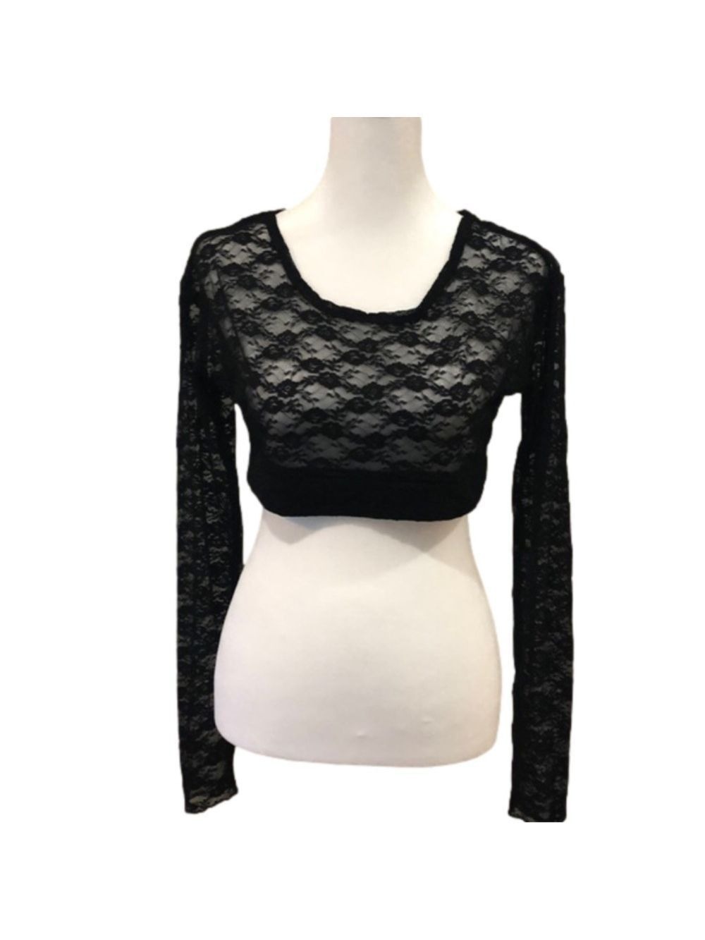 SHEER black lace cropped long sleeve top. Size M